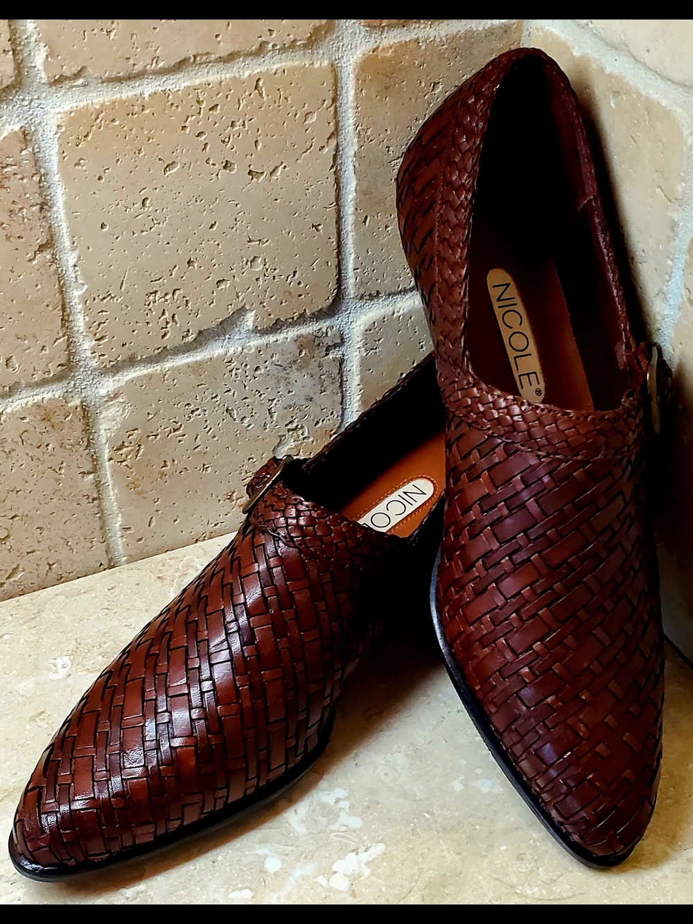 Nicole by Nicole Miller Victoria 7.5M Woven Leather Buckle Mules in Dark Brown - Picture 13 of 13